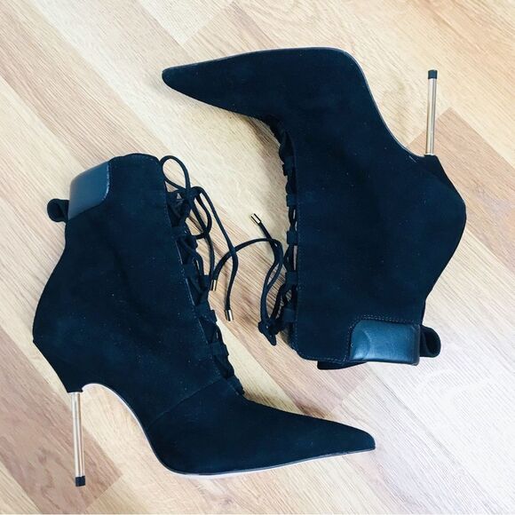 GOOD AMERICAN Black Suede Stiletto Lace Up Ankle Boot Bootie Hiking Size 5.5 New - Picture 7 of 11
